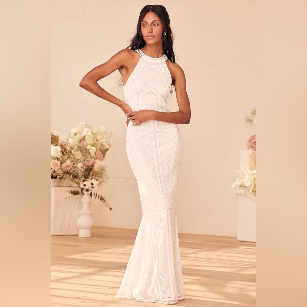 Tell Me Everything White Beaded Sequin Halter Maxi Wedding Dress